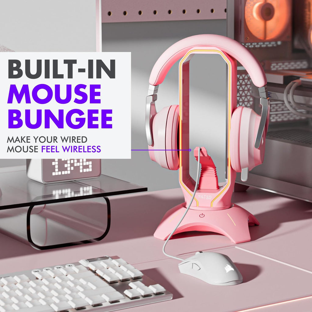 RGB Gaming Headset Stand - 3 in 1 Pink with Mouse Bungee and 2 Port USB Hub Charger - the Ultimate Accessory and Gamer Gift - Headphone Holder for Desk