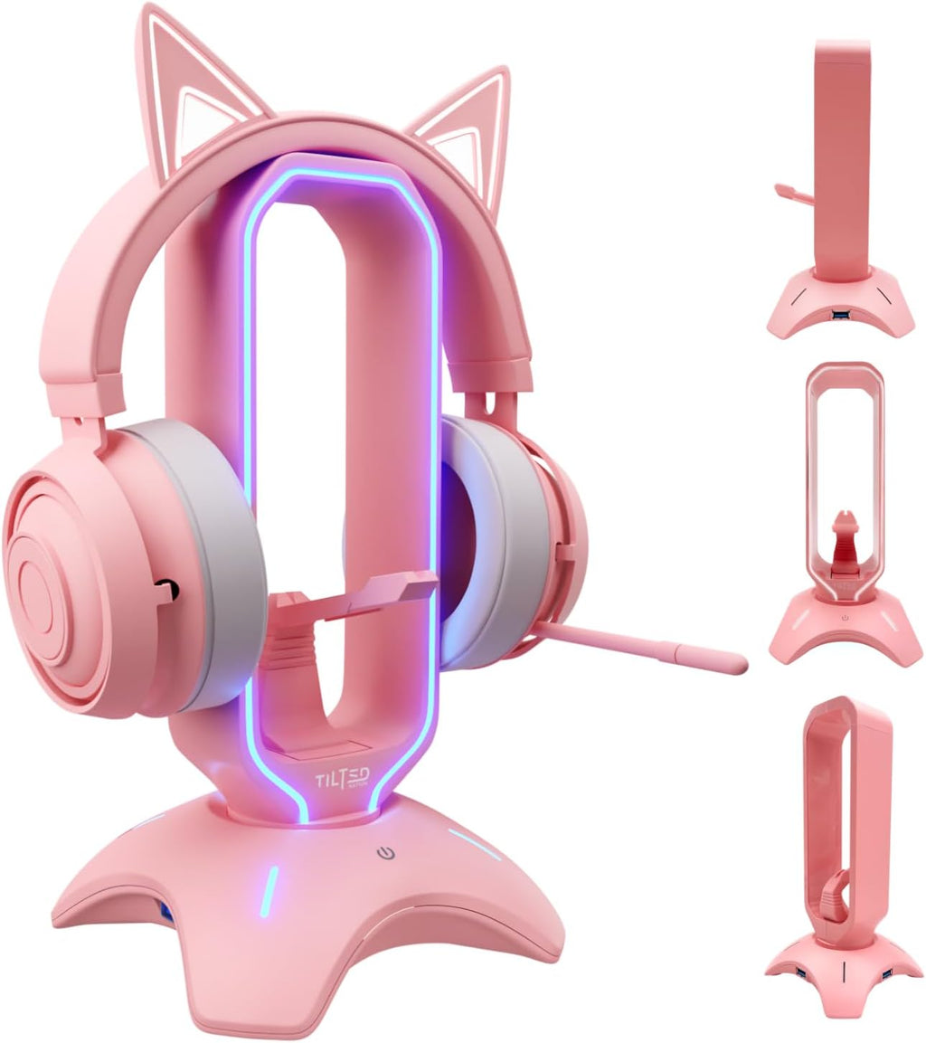 RGB Gaming Headset Stand - 3 in 1 Pink with Mouse Bungee and 2 Port USB Hub Charger - the Ultimate Accessory and Gamer Gift - Headphone Holder for Desk